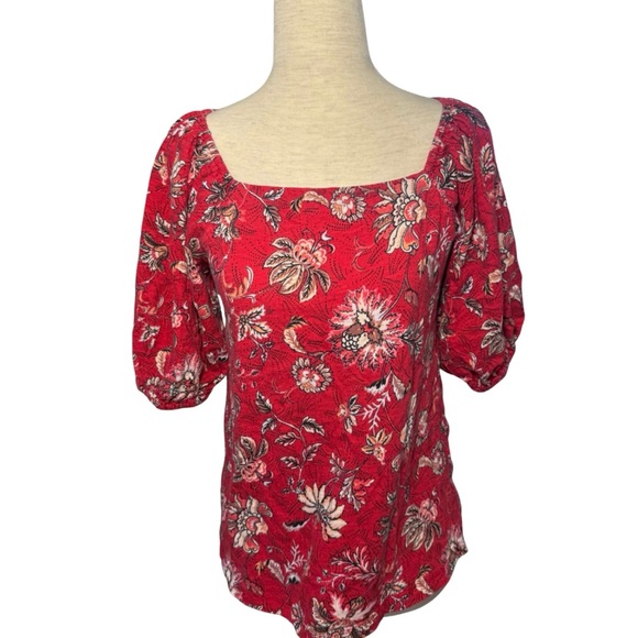 Maurices Tops - Bohemian‎ Puff Sleeves Red Floral Cotton Blouse Sz XS